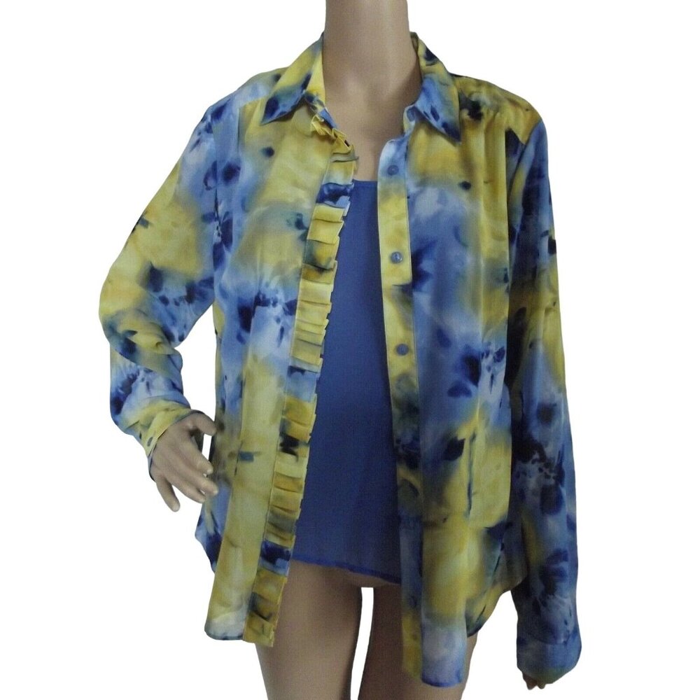 Evan Picone Shirt Tank Set Womens Sz12 Blouse Blue Yellow Button watercolor 2-pc